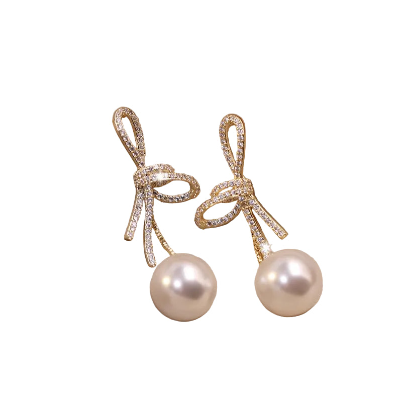 Brinco Longo Láço Cravejado com Pérola